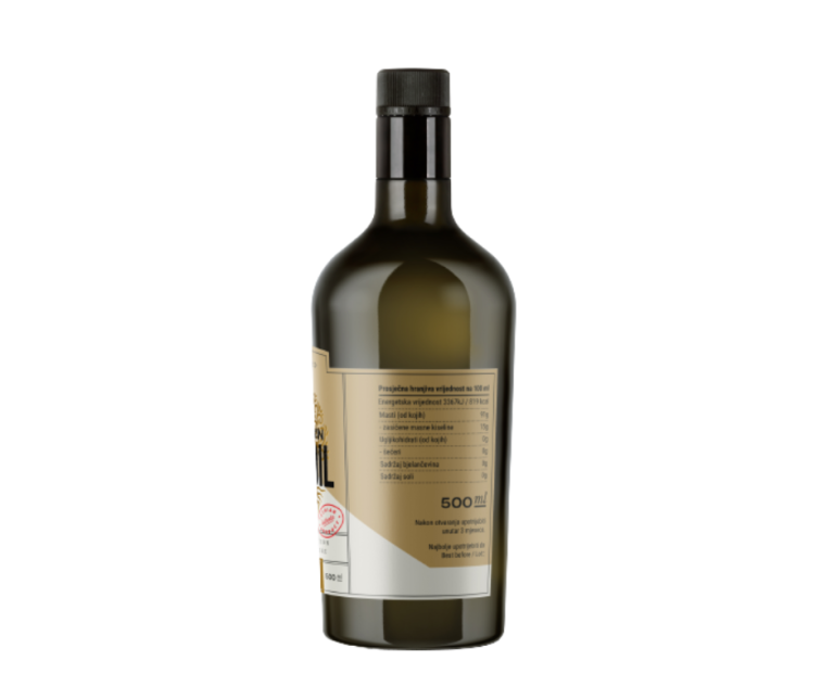 Tylna etykieta oliwy extra virgin RHEOS Istarska Bjelica 0,25 l